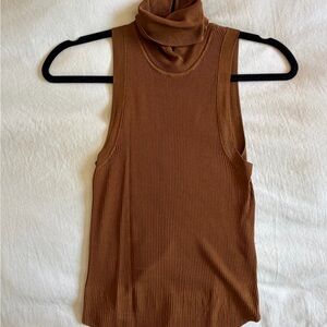 Zara Ribbed Turtleneck Sleeveless Top - Chestnut Brown